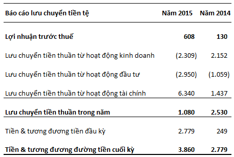  Năm 2015, dòng tiền từ hoạt động kinh doanh và hoạt động đầu tư của Novaland bị âm khá lớn do tăng mạnh các khoản phải thu và đầu tư vào các công ty con, công ty liên kết. Bù lại, dòng tiền từ hoạt động tài chính tăng mạnh do tăng vay nợ và tăng vốn chủ 