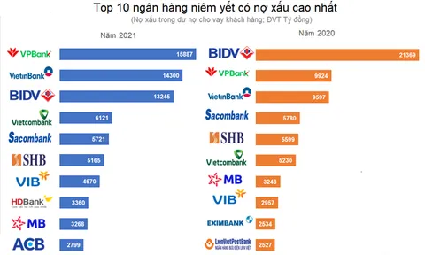 Top 10 ngân hàng có nợ xấu lớn nhất năm 2021