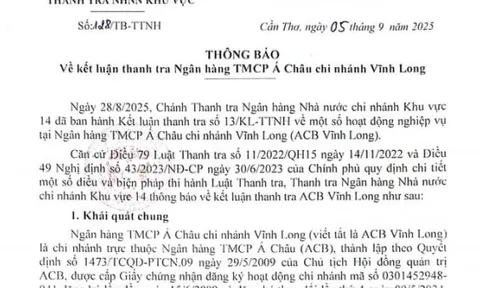 Thanh tra phát hiện tồn tại công tác thẩm định, vay vốn; nợ xấu tại ACB Vĩnh Long